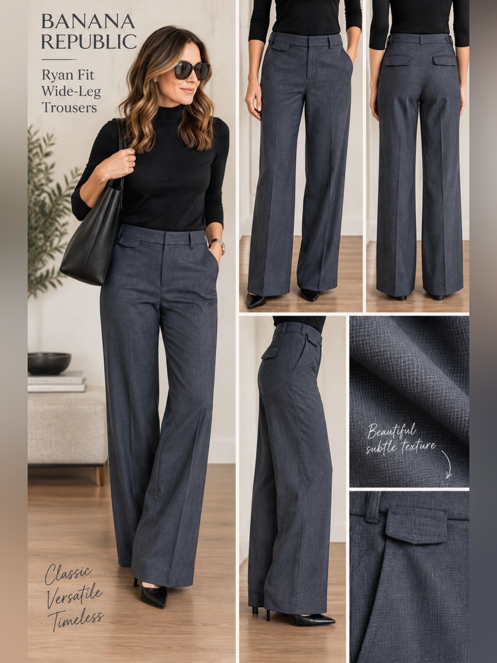 Banana Republic Ryan Fit Stretch Wool Blend Lined Gray Wide-Leg Trousers